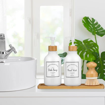 Zopeal 4 Pcs 16 oz Kitchen Soap Dispenser Set with Bamboo Tray and Dish Brush Plastic Soap Dispenser Set with Waterproof Labels for Hand Dish Lotion(Frosted Black)