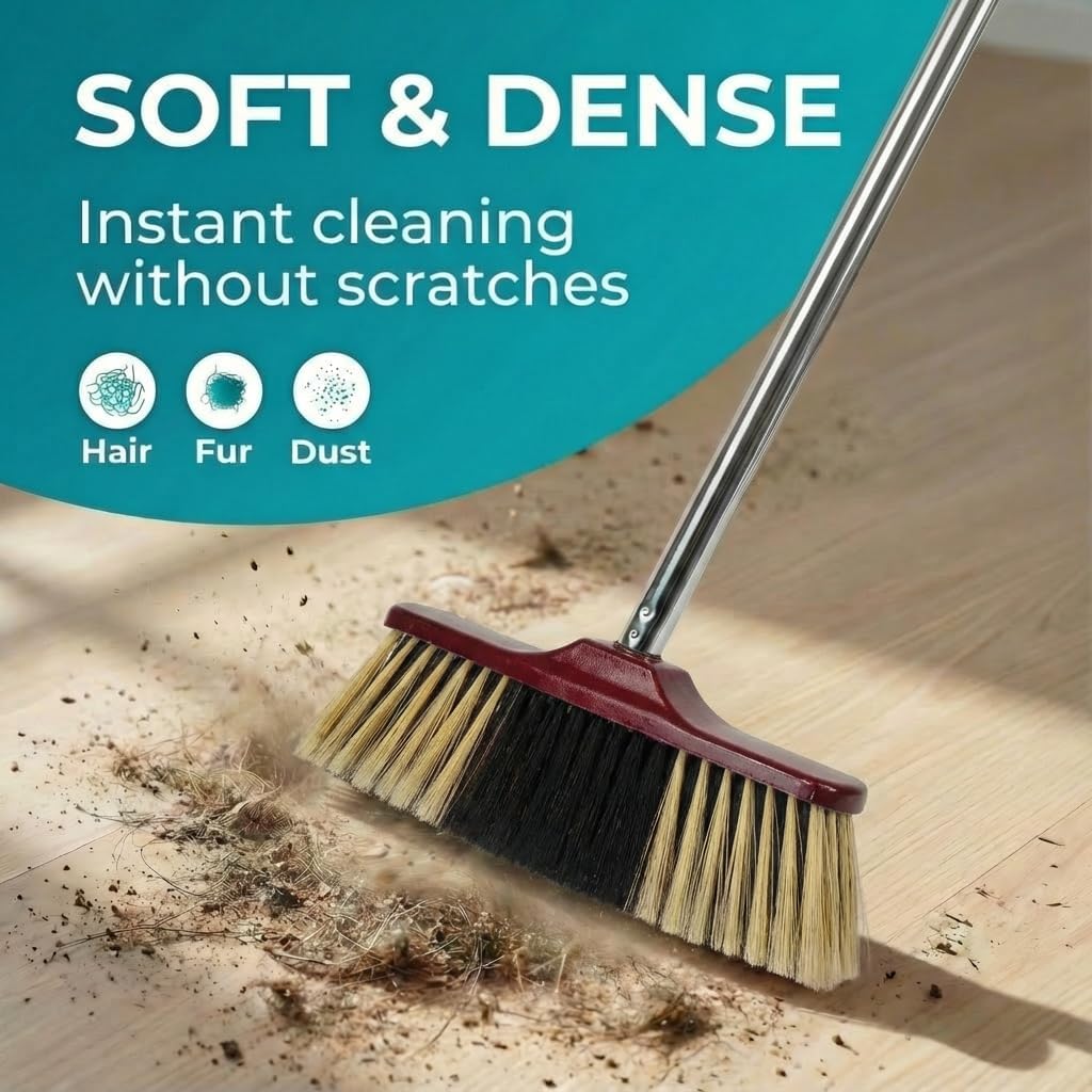 HELOMOR Indoor Broom with Dustpan Combo Set, Long Handle Floor Sweeping Broom for Kitchen, Garage, Office, Bathroom, Wood & Parquet Floors (2 Pack)