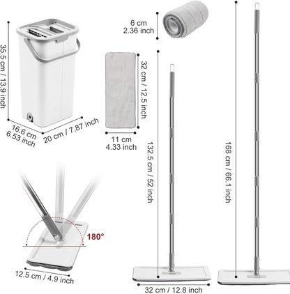 Flat Floor Mop and Bucket Set with Wringer, Flat Mops for Floor Cleaning, Wall Mop Cleaner with Long Handle, Hardwood Floor Mop with 3 Microfiber Pads (F)