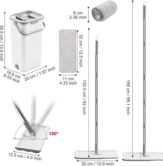 Flat Floor Mop and Bucket Set with Wringer, Flat Mops for Floor Cleaning, Wall Mop Cleaner with Long Handle, Hardwood Floor Mop with 3 Microfiber Pads (F)