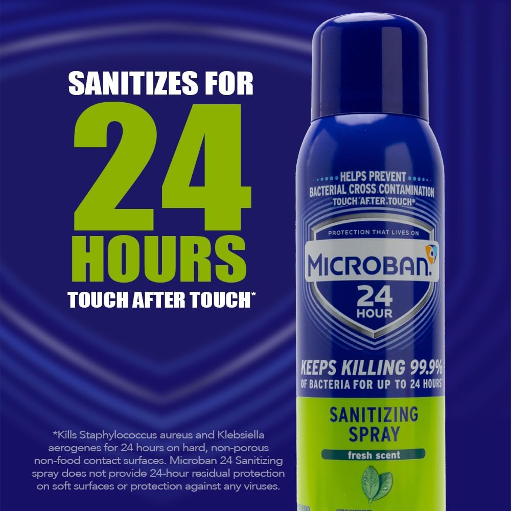 MICROBAN Sanitizing Spray, 15 oz., 2 Pack, Fresh Scent, Disinfects, Sanitizes, Eliminates Odors, and Keeps Killing 99.9% of Bacteria on Hard, Non-Porous Surfaces in Home for up to 24 Hours