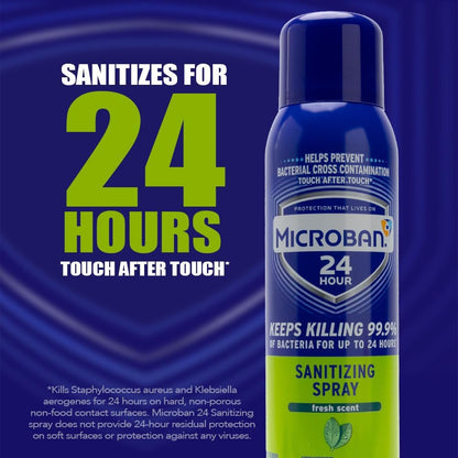 MICROBAN Sanitizing Spray, 15 oz., 2 Pack, Fresh Scent, Disinfects, Sanitizes, Eliminates Odors, and Keeps Killing 99.9% of Bacteria on Hard, Non-Porous Surfaces in Home for up to 24 Hours