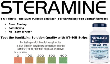 1 Bottle Steramine Sanitizer Tablets w/15x QT-10 Test Strips - Multi Purpose Steramine Sanitizing Tablets for Food Contact Surface, Kitchen, Restaurant, Food Service by FryOilSaver (150 Count)
