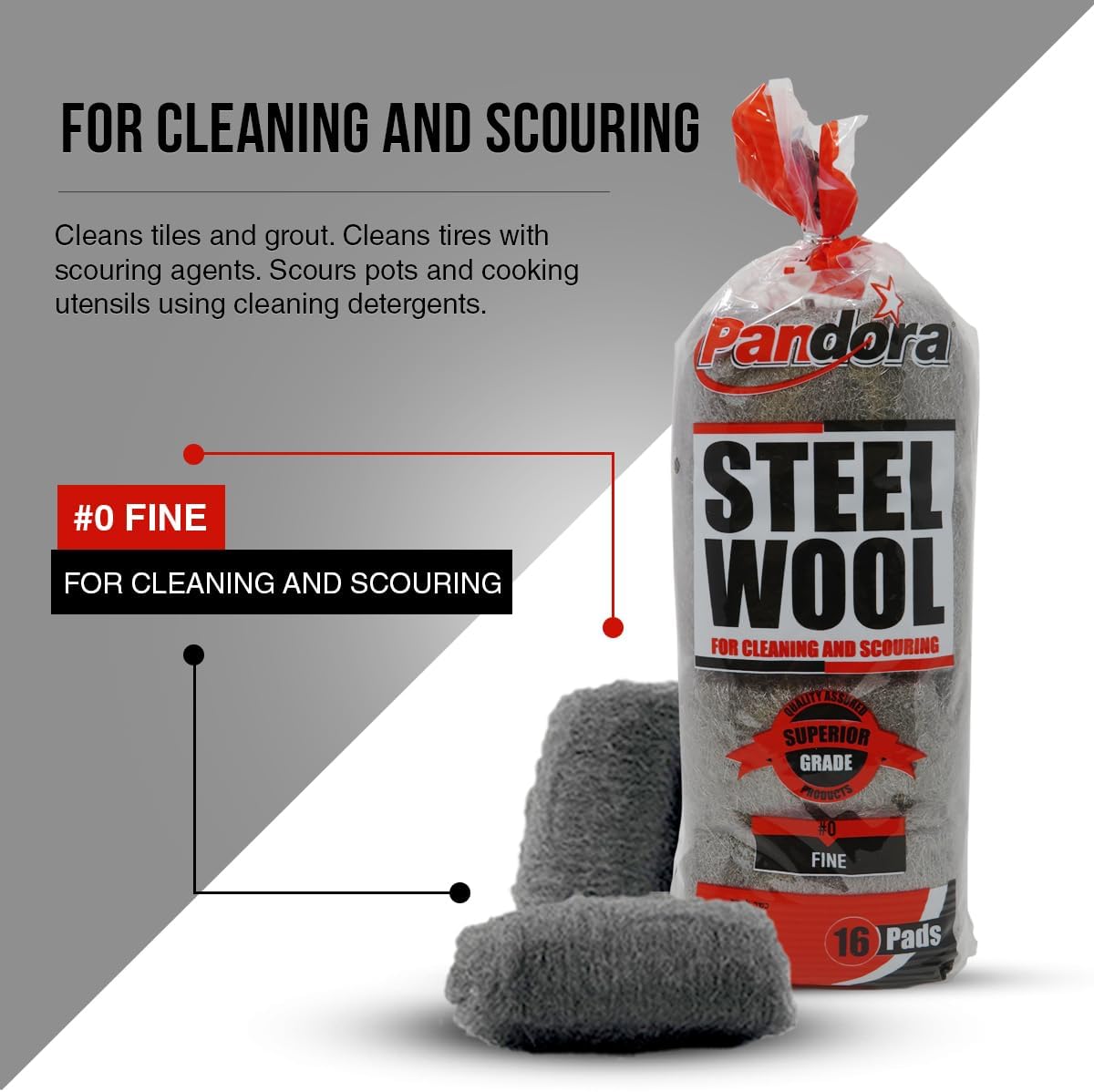 Pandora Steel Wool #2 – Coarse Grade, 16 Pads for Cleaning and Removing - Quality Metal Strands - Ideal to Remove Floor Scuff Marks and Old Wax