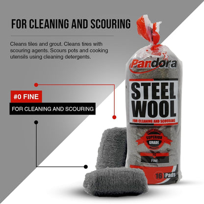 Pandora Steel Wool #2 – Coarse Grade, 16 Pads for Cleaning and Removing - Quality Metal Strands - Ideal to Remove Floor Scuff Marks and Old Wax