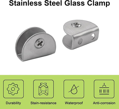 8Pcs Adjustable Half Round Glass Shelf Brackets 201 Stainless Steel Glass Clamp Clips Wall Mounted Brushed Shelf Holder Supports Mounting Brace for 3-8mm Thick Glasses