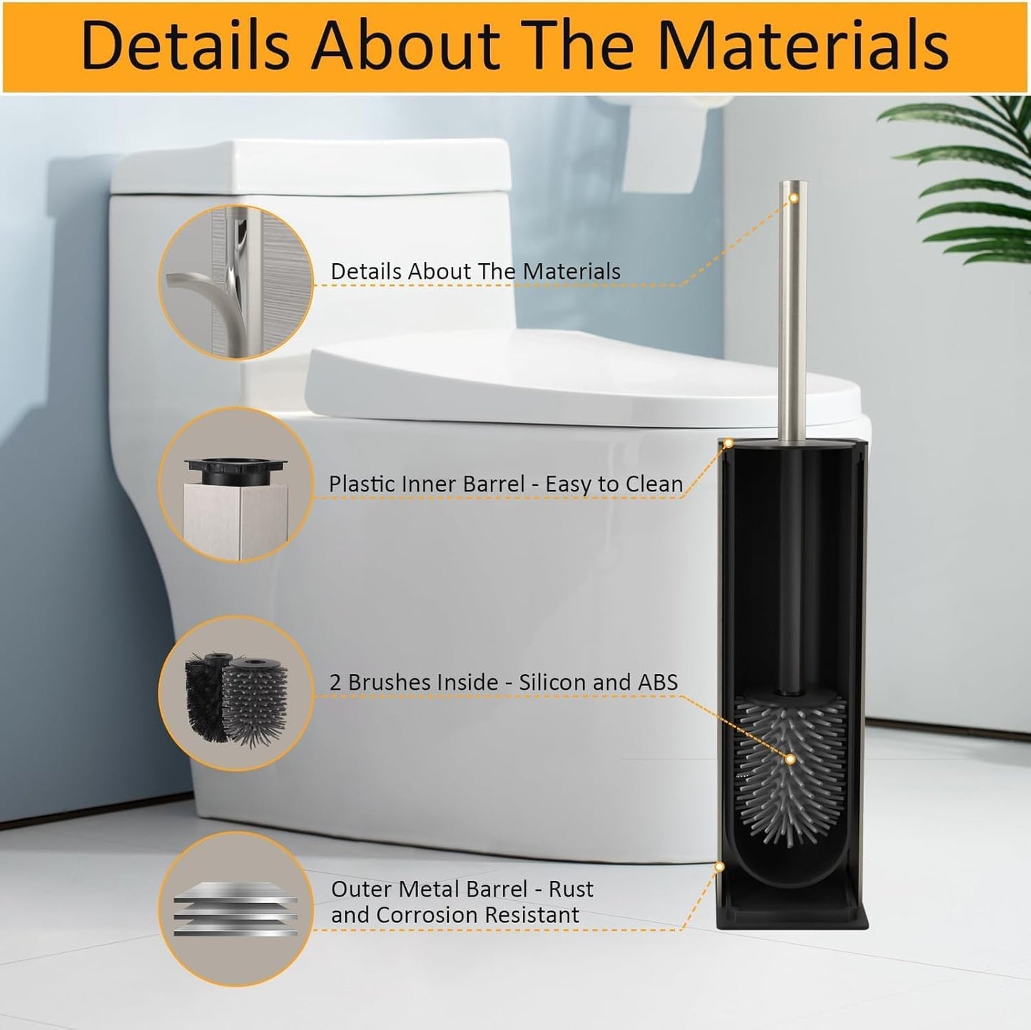 BGL Toilet Brush and Holder Set, Matte Black Freestanding for Bathroom Storage and Organization, Square Design Sturdy and Space Saving