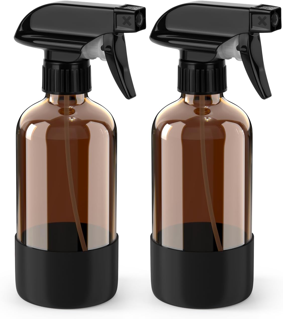 Bontip Glass Spray Bottle with Silicone Sleeve Protection, Amber Glass Spray Bottle Set for Window Cleaner Aromatherapy Facial Hydration Watering Flowers Hair Care 2 Pack/16 oz (Black & Brown)