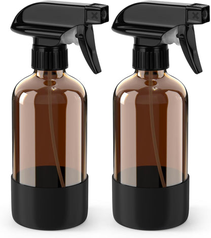 Bontip Glass Spray Bottle with Silicone Sleeve Protection, Amber Glass Spray Bottle Set for Window Cleaner Aromatherapy Facial Hydration Watering Flowers Hair Care 2 Pack/16 oz (Black & Brown)