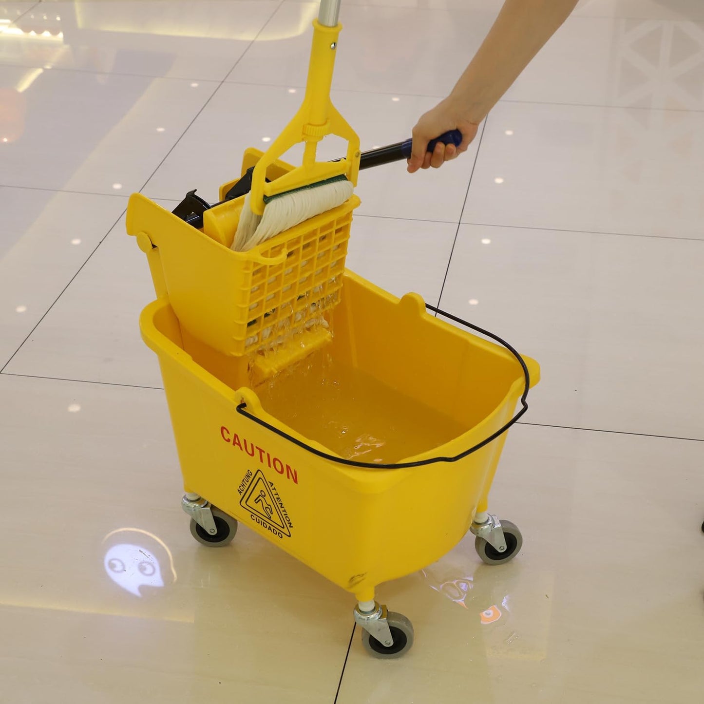 Midoneat Mop Bucket with Wringer, 22 Qt (5.5 Gallon), Handle, Wheels,Floor Cleaning, 16.5" L x 10.6" W x 26.4" H, Yellow,Add One Cotton Mop