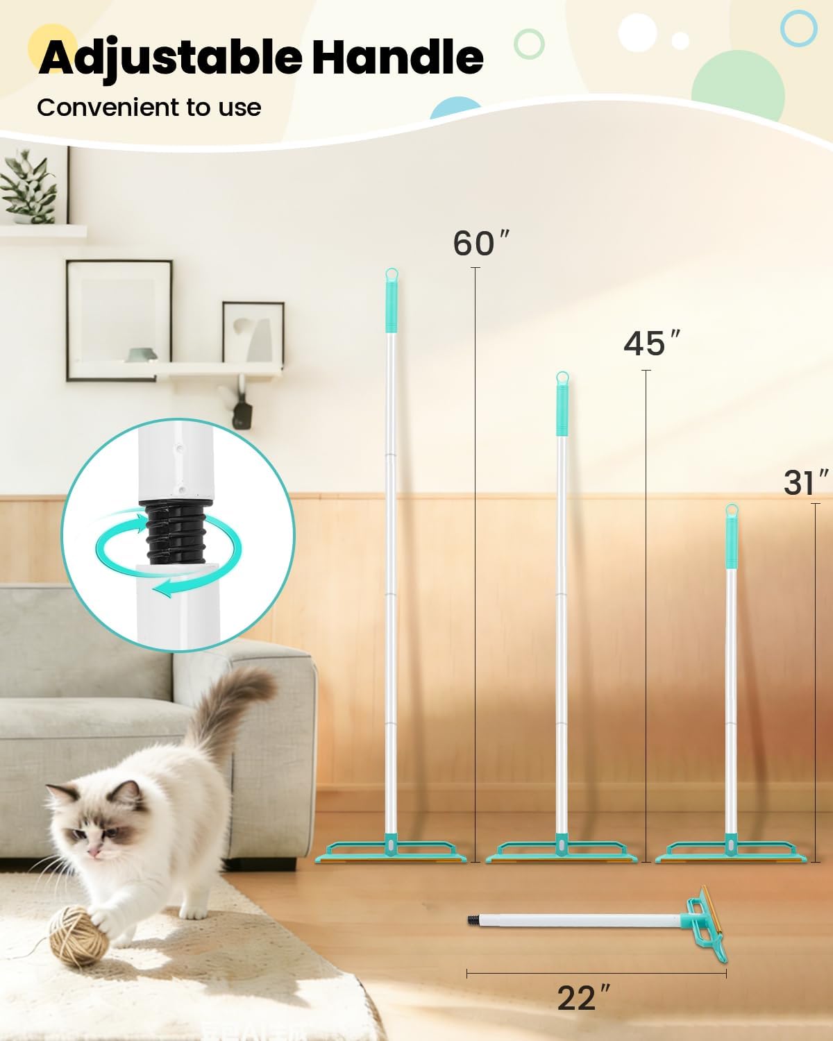 Carpet Rake for Pet Hair Removal - 5-in-1 Dual-Sided Rubber & Metal Carpet Scraper Tool with 60" Adjustable Handle, Cleaning Set for Dog and Cat Fur on Furniture, Short Pile Carpets, Rugs