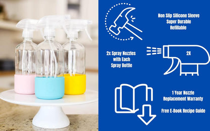 Clear Glass Spray Bottle with Silicone Sleeve for Cleaning Solutions, Essential Oils, Plants, Vinegar - 16 oz, Refillable, Food Safe (2-PACK: Rich Black & Ocean Turquoise)