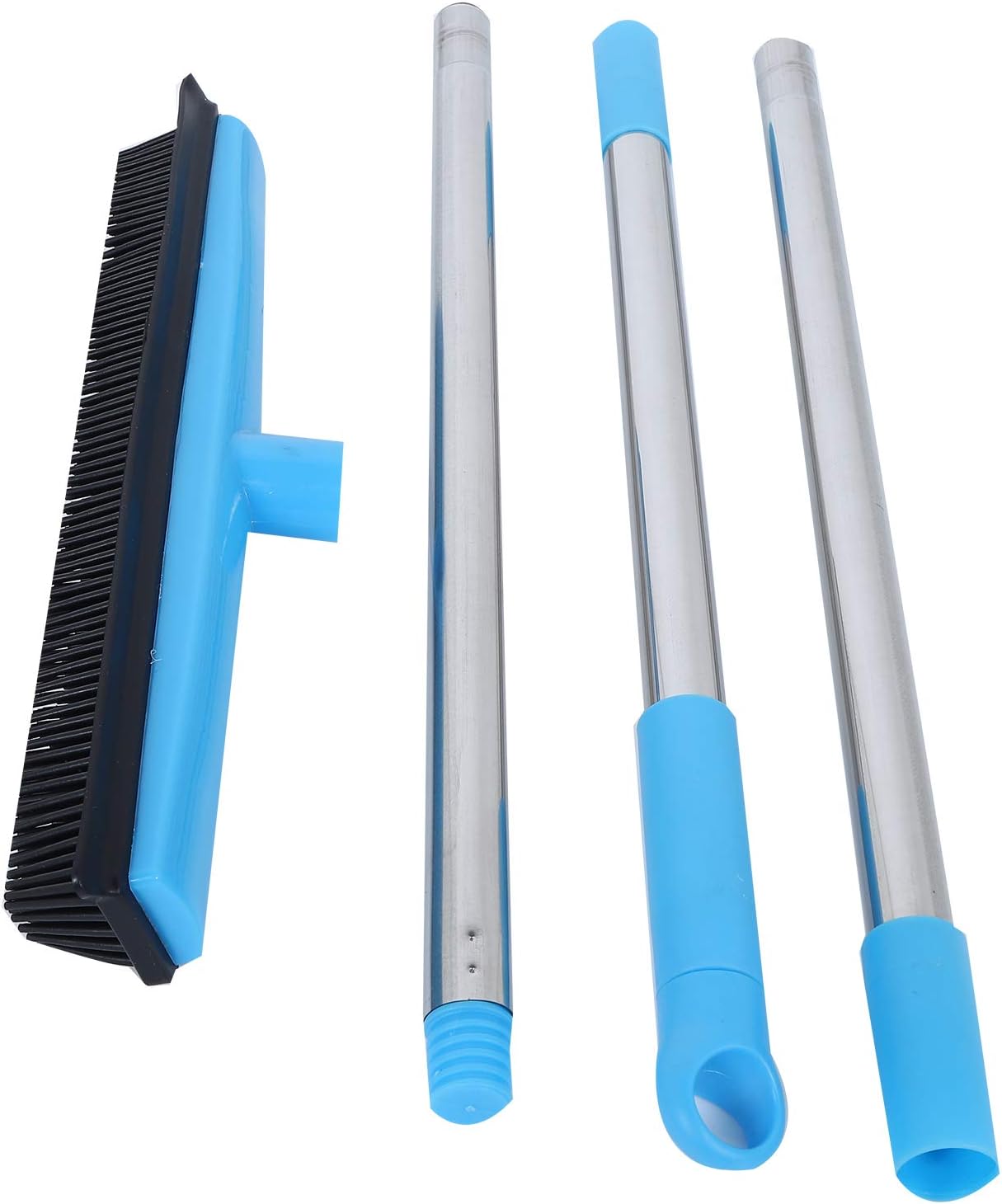 Telescopic Rubber Broom with Squeegee, Multifunction Adjustable Pet Hair Removal Carpet Rake for Fluff Rug Hardwood Floor (Black)
