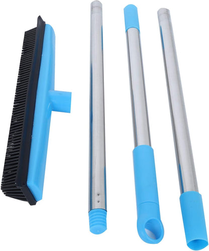Telescopic Rubber Broom with Squeegee, Multifunction Adjustable Pet Hair Removal Carpet Rake for Fluff Rug Hardwood Floor (Black)