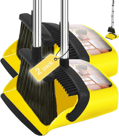 2-Pack is More economical,Brooms with Dustpan Combo Set， with 52" Long Handle, Dustpan Teeth with self-Cleaning Function, Indoor and Outdoor Sweeping, Perfect for Home Office(Large/Yellow /2-Pack)