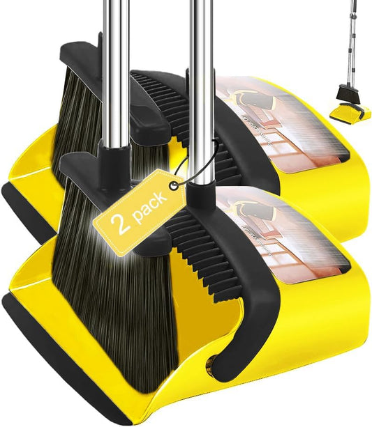 2-Pack is More economical,Brooms with Dustpan Combo Set， with 52" Long Handle, Dustpan Teeth with self-Cleaning Function, Indoor and Outdoor Sweeping, Perfect for Home Office(Large/Yellow /2-Pack)