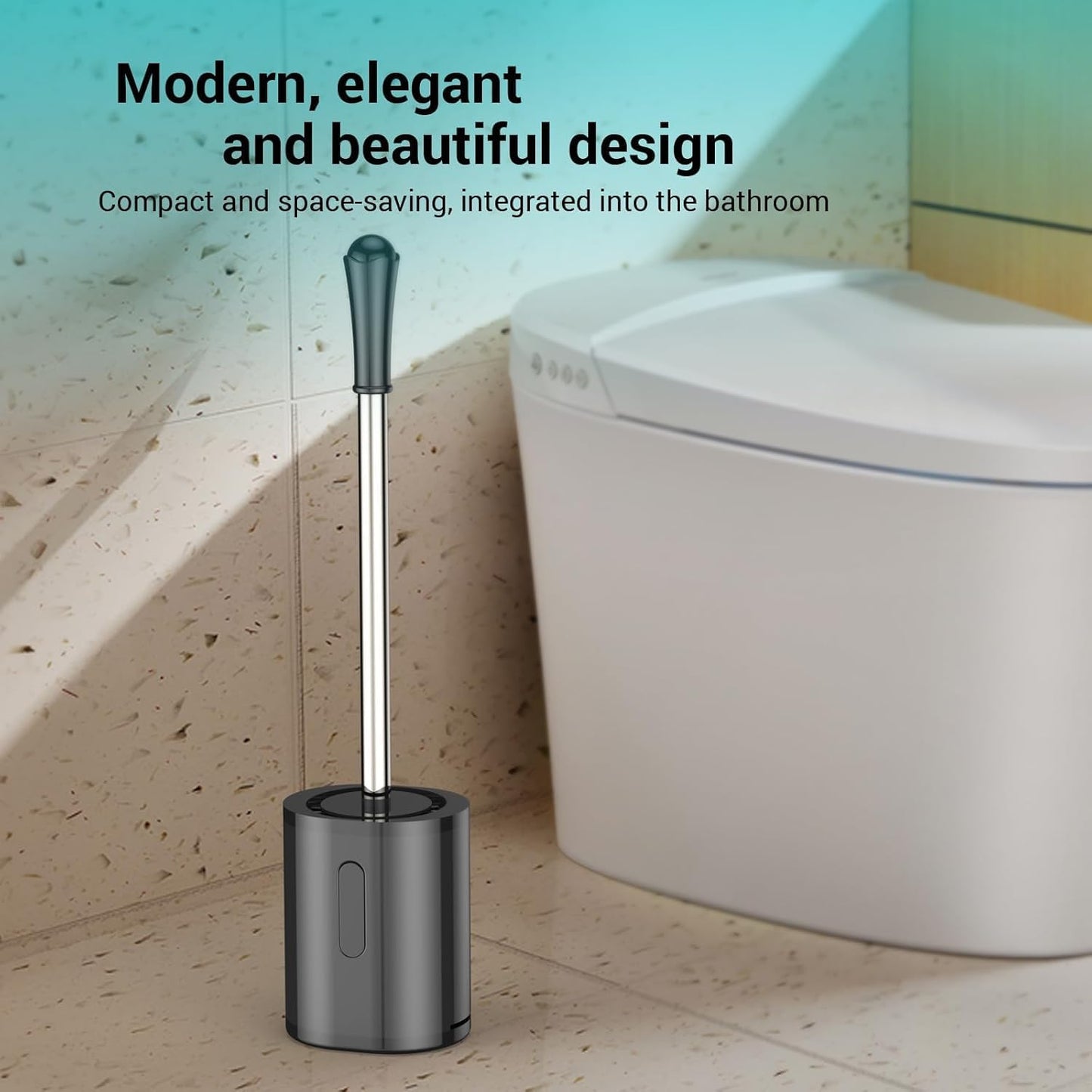 AONEZ Compact Toilet Brush & Holder, Stainless Steel Handle, Space Saving for Storage, Deep Cleaning, Drip-Proof, Easy to Assemble, Nylon Bristles, White & Grey