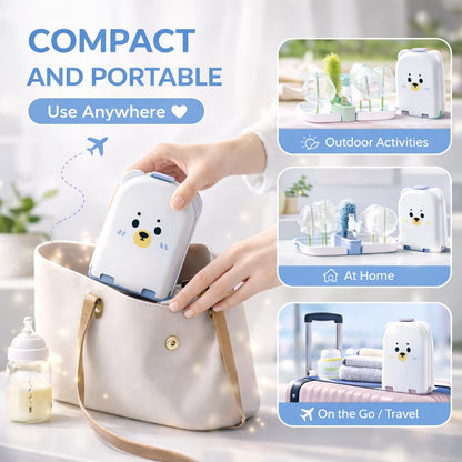Travel Bottle Cleaner kit, 7in1 Baby Toddler Travel Essential Silicone Bottle Brush Set, Nipple, Drying Rack, Straw, & Breast Pump Cleaning, Soap Dispenser & Organizer Case, Gift Mom