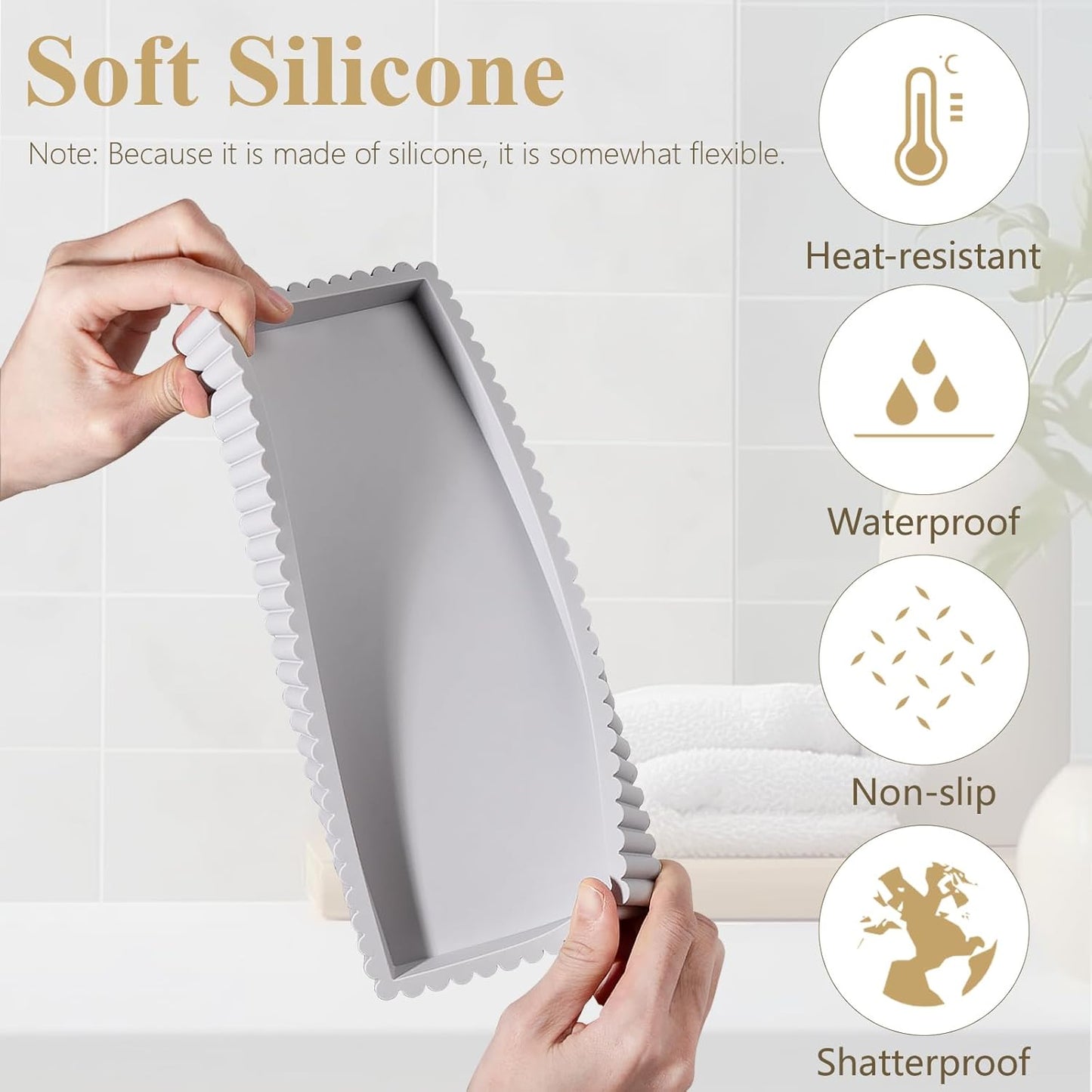 Silicone Bathroom Tray Small Vanity Organizer Rectangle Sink Caddy Sponge Holder Kitchen Counter Decor for Dish Soap, Perfume, Candle, Beige