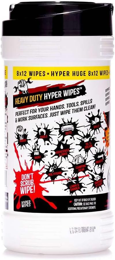 Hyper Wipes, 1 Pack Heavy Duty Hand & Tool Cleaning Wipes, 7"x12" Size Multi-Surface Cleaning Wipes, Degreasing, All Purpose Cleaner, Bathroom, Mechanic, Work Surface Wipes, 35 Count Canister