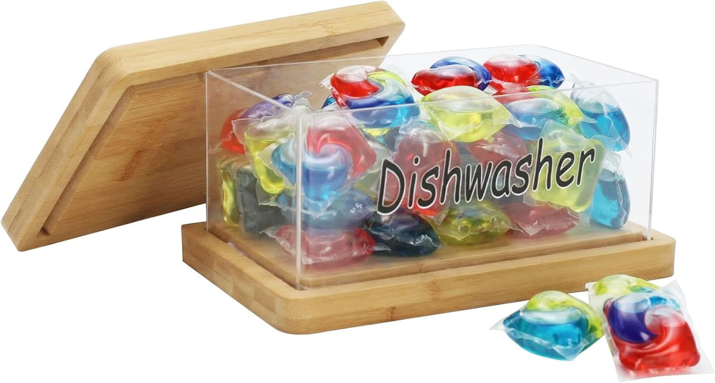 Laundry Pods Container With Bamboo Lid And Base, Clear Detergent Pod Holder For Laundry Room Organization, Dishwasher Tablet Storage Box, Countertop Capsule Dispenser For Kitchen Or Utility Shelf