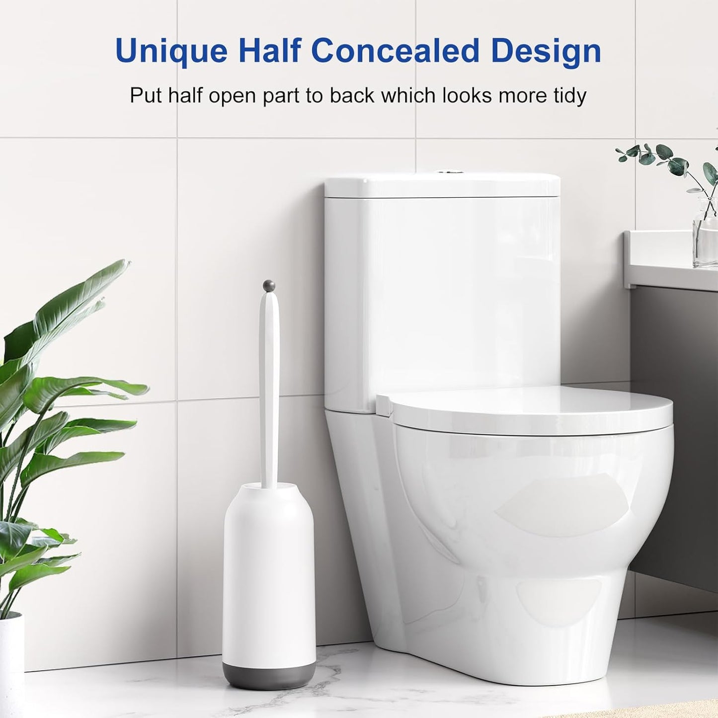 HAMITOR Toilet Bowl Brush Holder Set: Deep Cleaning Silicone Toilet Cleaner Scrubber Under Rim with Curved Bristle for Bathroom Dead Corner Clean - Modern Rv Toilet Decorative Accessories - Gray