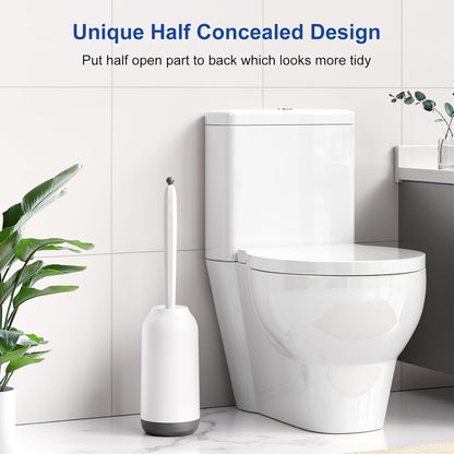 HAMITOR Toilet Bowl Brush Holder Set: Deep Cleaning Silicone Toilet Cleaner Scrubber Under Rim with Curved Bristle for Bathroom Dead Corner Clean - Modern Rv Toilet Decorative Accessories - Gray