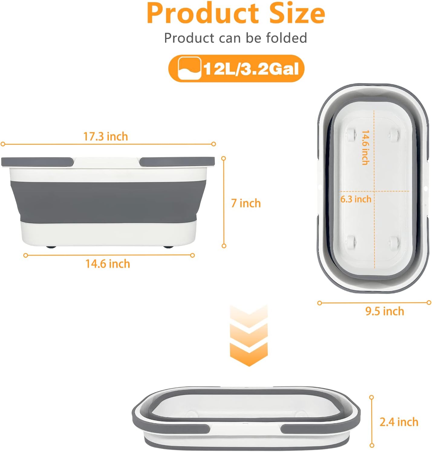 Goderewild Collapsible Plastic Bucket with Wheels 12L (3.17 Gallon) for House Cleaning, Camping, and RV - Multi-Purpose Rectangular Handy Basket for Cleaning Mop - Lightweight and Portable (Grey)