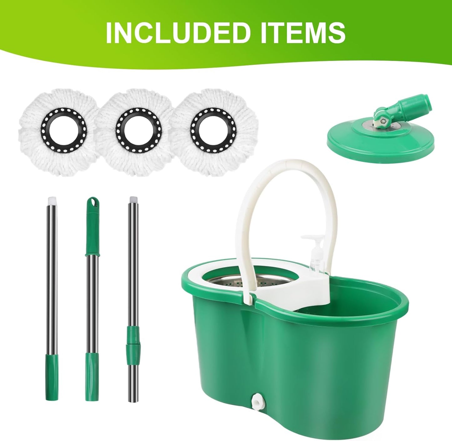 Spin Mop and Bucket with Wringer Set,360° Spin Mop & Bucket Floor Cleaning System Mop Bucket with 61" Adjustable Extended Handle 3 Microfiber Replacement Head Refills