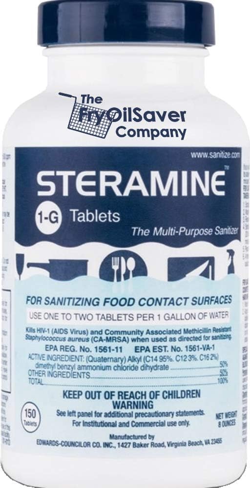 1 Bottle Steramine Sanitizer Tablets w/15x QT-10 Test Strips - Multi Purpose Steramine Sanitizing Tablets for Food Contact Surface, Kitchen, Restaurant, Food Service by FryOilSaver (150 Count)