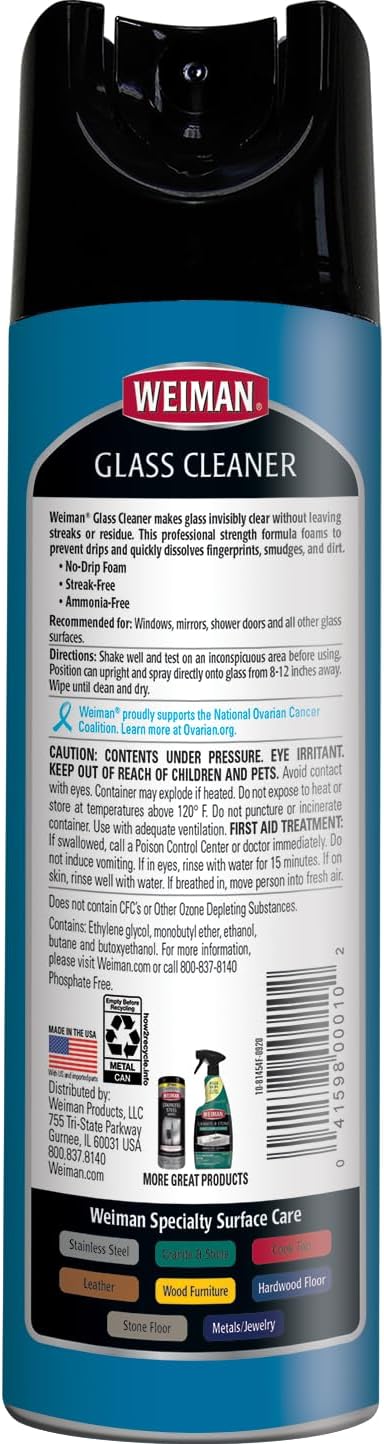 Weiman Glass Cleaner Aerosol Spray for Windows, Mirrors, Shower Doors, No Drip Foam, Residue & Streak Free Shine, Ammonia Free, Dissolves Fingerprints, Smudges & Dirt, 19 Oz, Pack of 2