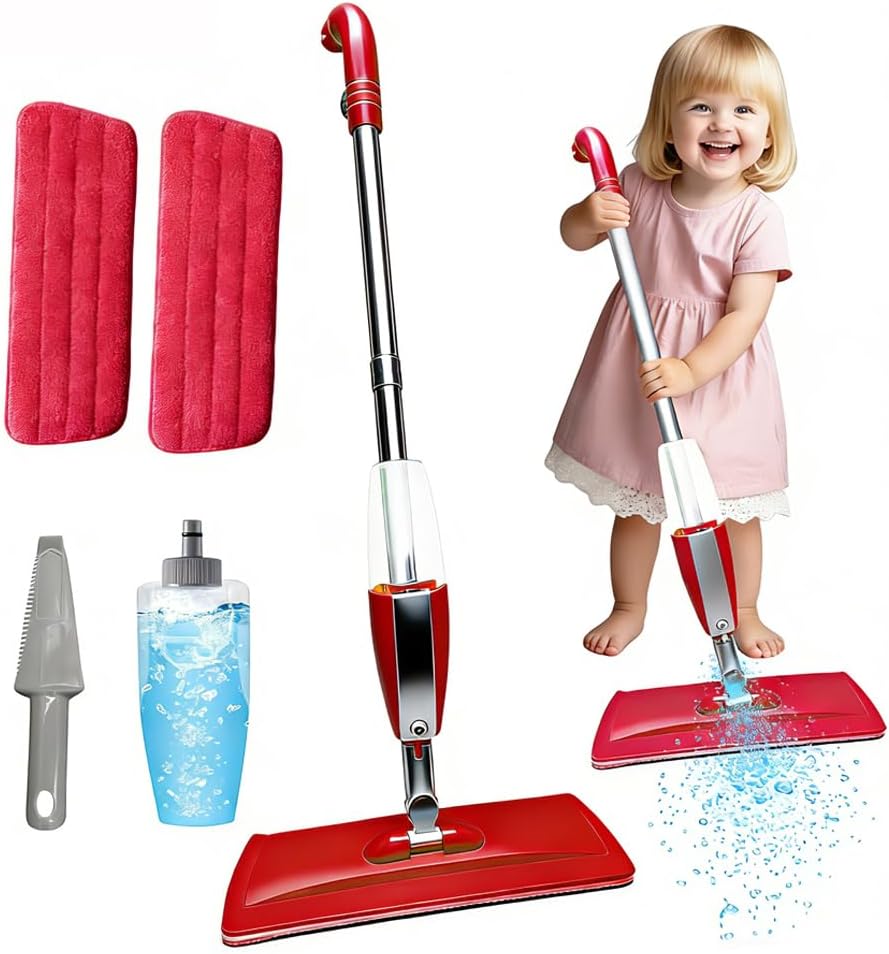 Kids Spray Mop Fun&Functional Toddler Cleaning Set Kids Mop with Real Water Sprayer Bottle Washable Pads Pretend Play Montessori Housekeeping Gifts for Toddlers Kids Girls Boys(Green)