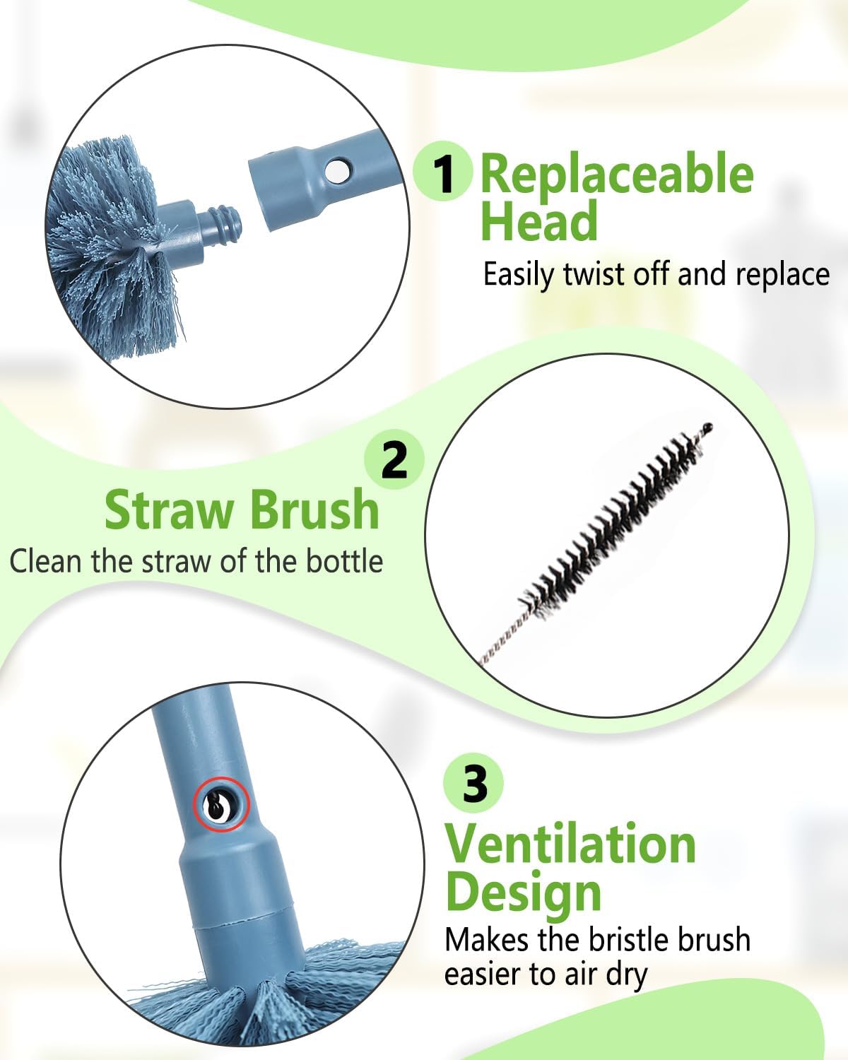 NTIERA 2-in-1 Bottle Brush Cleaner Kit Set,Long Water Bottle Cleaning Brushes,Hidden Straw Brush in Handle,BPA-Free Dishwasher-Safe,for Stanley & Owala Water Bottle,Baby Bottles Cup
