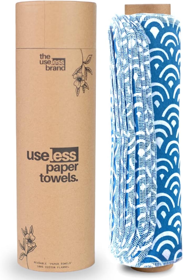 The Useless Brand Reusable Paper Towels Roll | 12 Eco Friendly Washable Cotton Flannel Towels w/Cardboard Roll | Zero Waste & Sustainable | Fits on Most Holders (Lemons, 12 Pack)