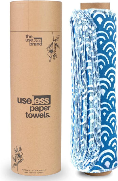 The Useless Brand Reusable Paper Towels Roll | 12 Eco Friendly Washable Cotton Flannel Towels w/Cardboard Roll | Zero Waste & Sustainable | Fits on Most Holders (Lemons, 12 Pack)