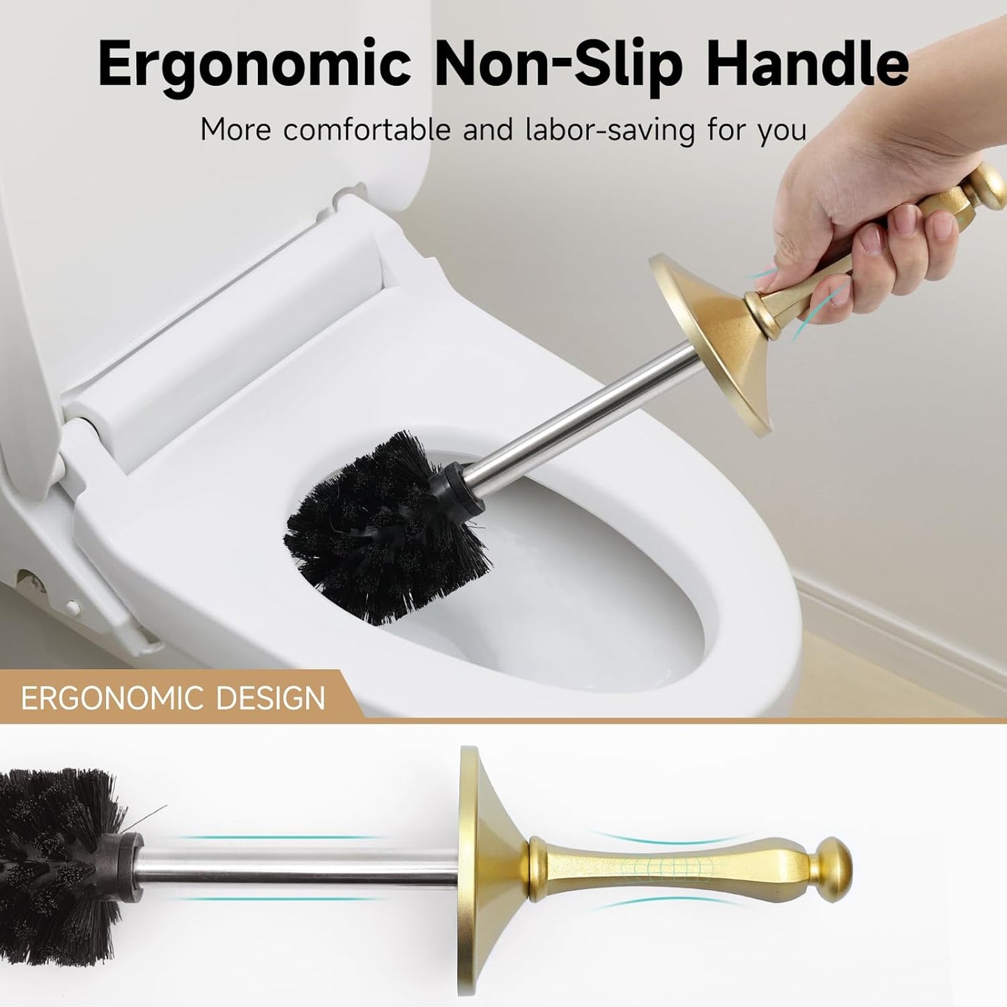 Bronze Toilet Brush and Holder，Extra Long Handled Toilet Brush for Bathroom，Stainless Steel Heavy Duty Toilet Bowl Brush,Deep Cleaning Modern Toilet Cleaner Brush -Space Saving, Covered Brush, Durable