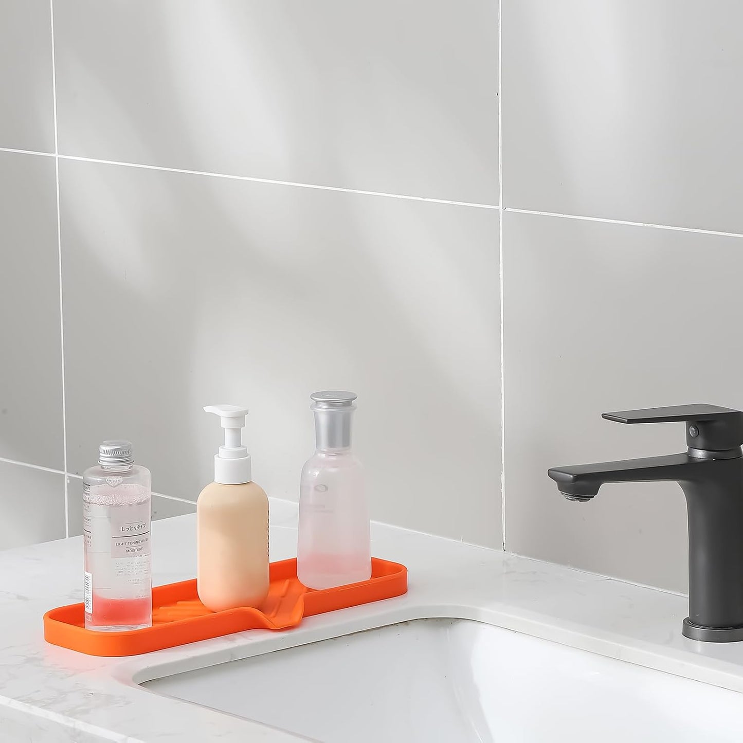MicoYang Silicone Bathroom Soap Dishes with Drain Spout-Bathroom and Kitchen Sink Organizer,Sponge Holder,Dish Soap Tray,Perfect for Dispenser,Scrubber,Bottle,Cup on Sink or Counter-Black 4.9"×3.2"