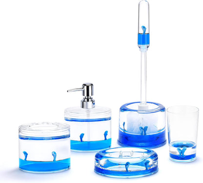 Locco Decor 5 Piece Acrylic Liquid 4D Floating Motion Bathroom Vanity Accessory Set Garden Botanic Green Plants Toothbrush Holder, Tumbler, Soap Dispenser, Soap Dish, Toiletbrush Holder Set