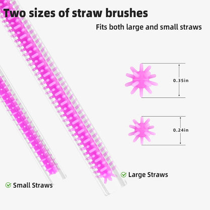 Silicone Straw Cleaner Brush, 4-Piece Reusable Straw Brush Set with Extra-Long Design for Cleaning Thin Metal Straws and Wider Milkshake Straws （6mm+9mm Pink)