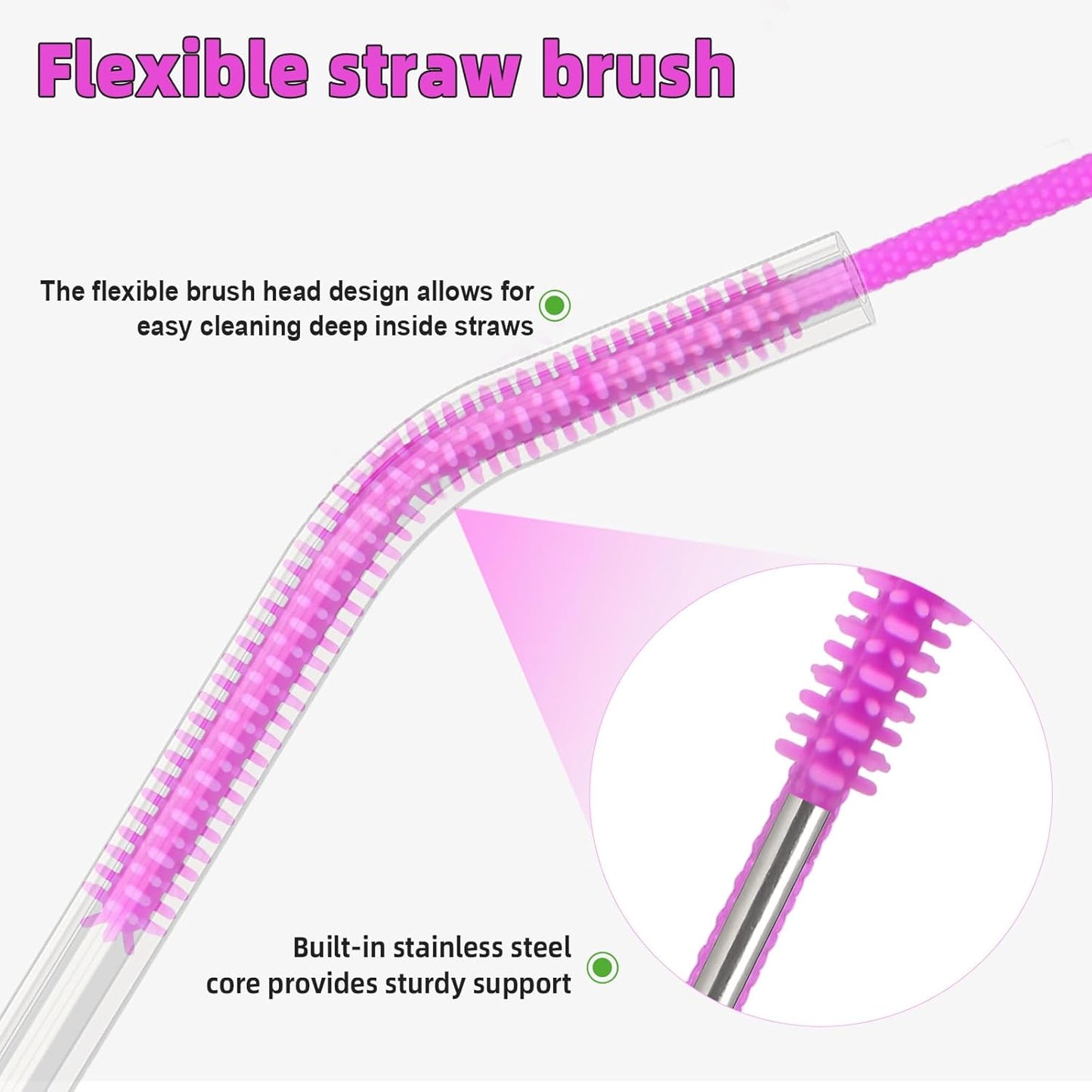 Silicone Straw Cleaner Brush, 4-Piece Reusable Straw Brush Set with Extra-Long Design for Cleaning Thin Metal Straws and Wider Milkshake Straws （6mm+9mm Pink)