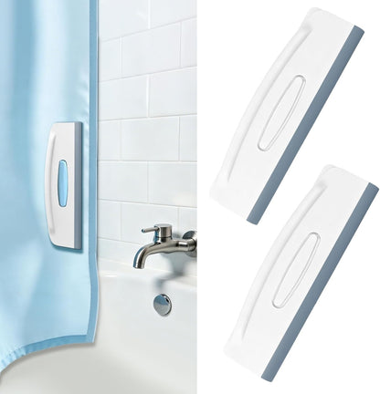 2-in-1 Magnetic Shower Curtain Clips with Squeegee, Pack of 2，No-Drill Adhesive Splash Guard for Bathroom Door, Silicone Bathroom Water Guard
