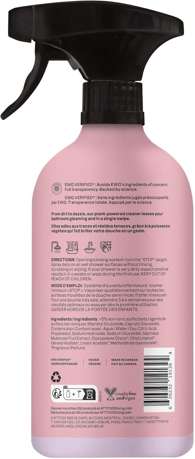 ATTITUDE Shower & Tile Cleaner Spray, EWG Verified, Bathroom Cleaner Removes Soap Scum & Grime, Plant-Based & Vegan, Lemon & Rosewood Scent, 26 Fl Oz
