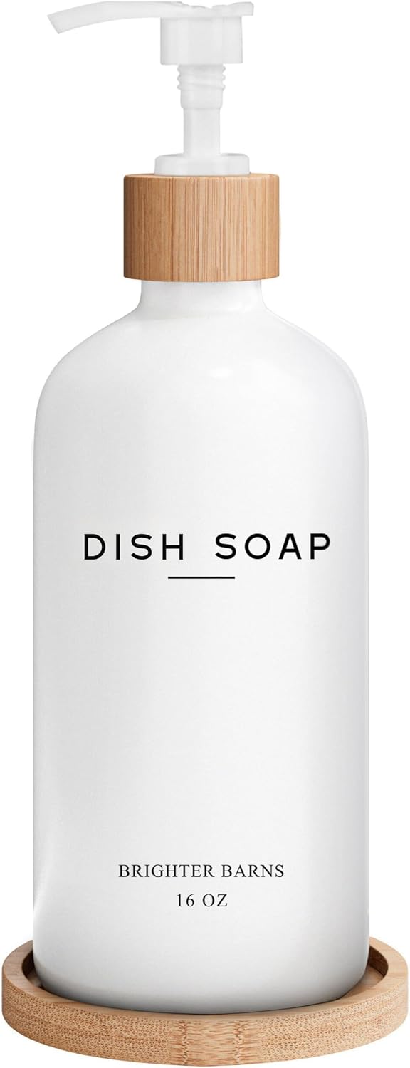 Clear Glass Dish Soap Dispenser by Brighter Barns - Kitchen Sink Set With Bamboo Tray - Modern Decor and Accessories, Minimalist Neutral Home (Clear)