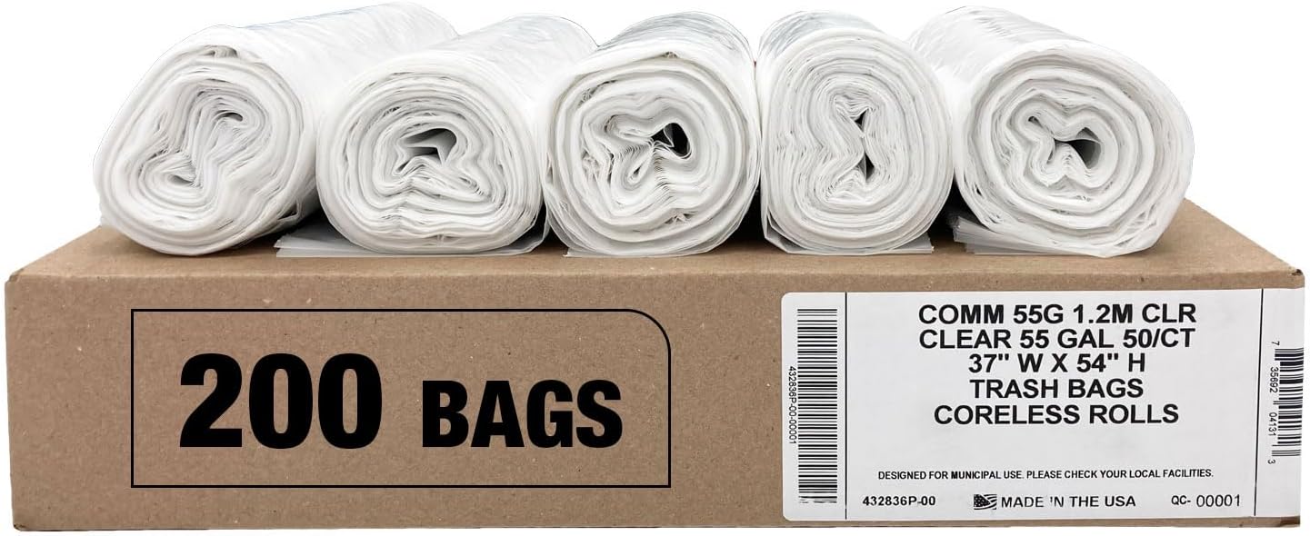Ultrasac Heavy Duty 55 Gallon Clear Trash Bags - (Value 50 Pack) - 1.2 MIL equivalent Industrial Strength Plastic 37" x 54" for 50-55 Gal Cans -Fits Toter, Rubbermaid Brute, Carlislie Bronco etc.