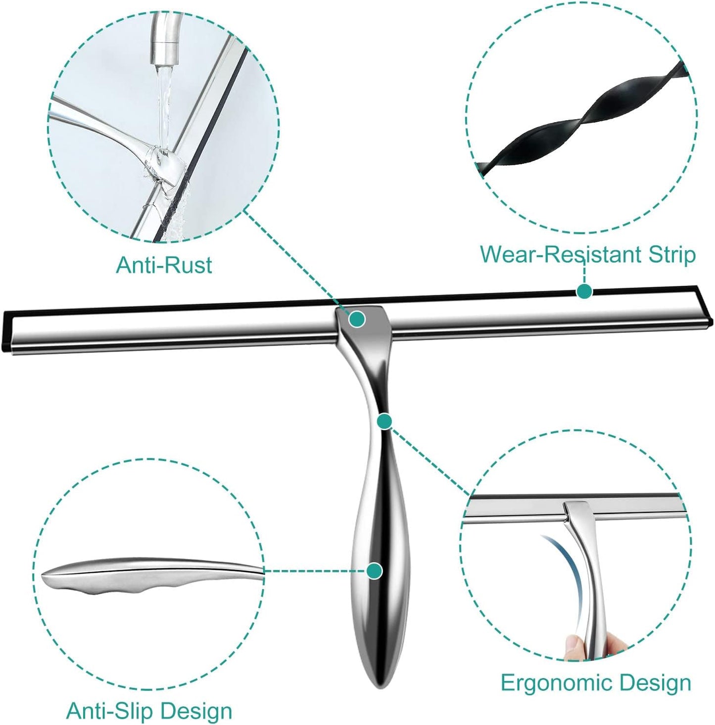 Shower Squeegee for Glass Doors,12-Inch Shower Glass Squeegee, Sliver Shower Squeegee for Shower Doors,Mirror,Windows, with Shower Door Hook and Adhesive Hook
