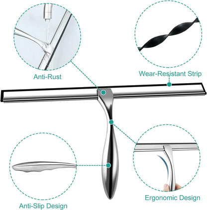 Shower Squeegee for Glass Doors,12-Inch Shower Glass Squeegee, Sliver Shower Squeegee for Shower Doors,Mirror,Windows, with Shower Door Hook and Adhesive Hook