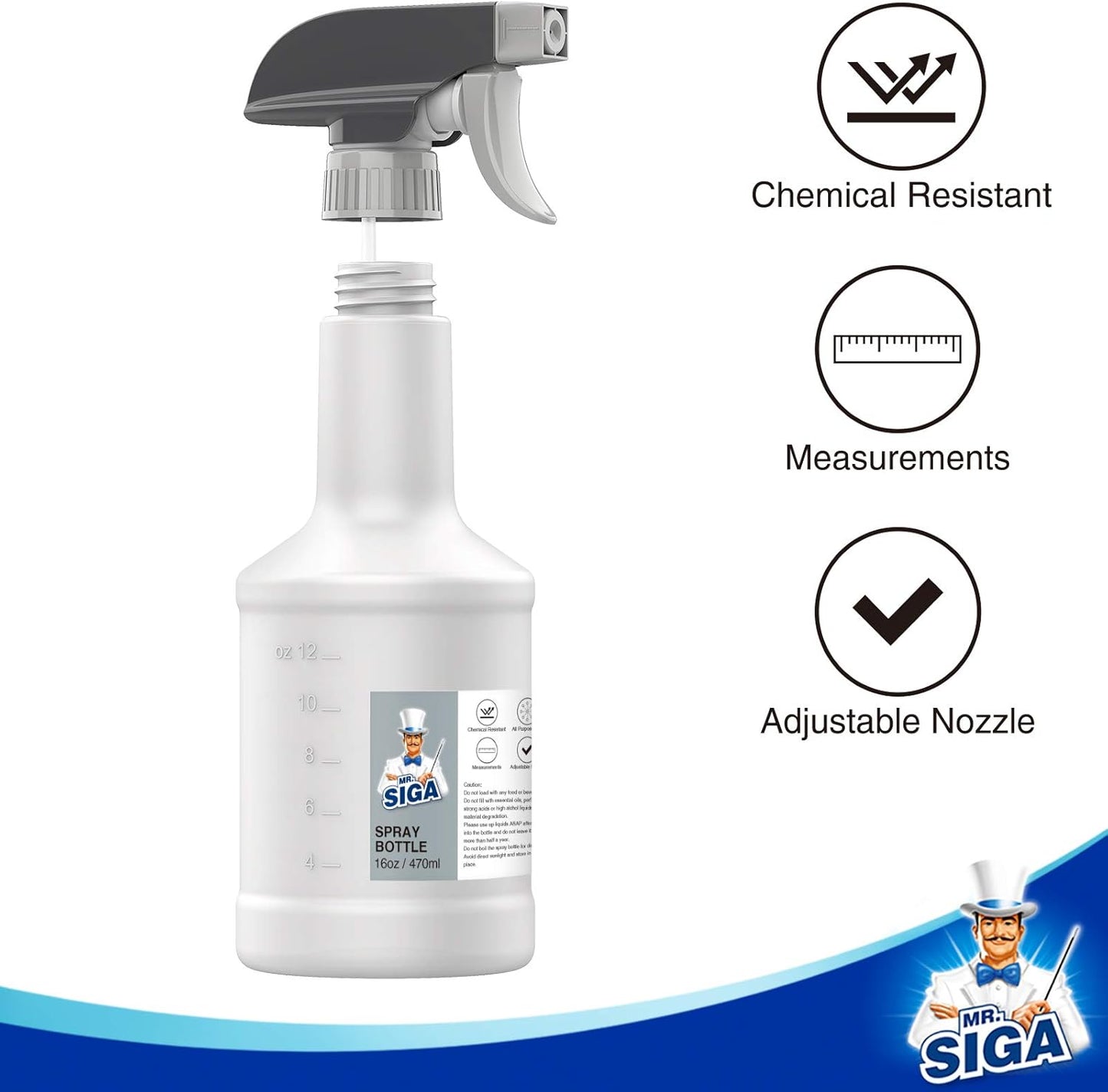 MR.SIGA 24 oz Empty Plastic Spray Bottles for Cleaning Solutions, Heavy Duty Household Reusable Spray Bottles with Measurements and Adjustable Leak Proof Nozzle, 3 Pack