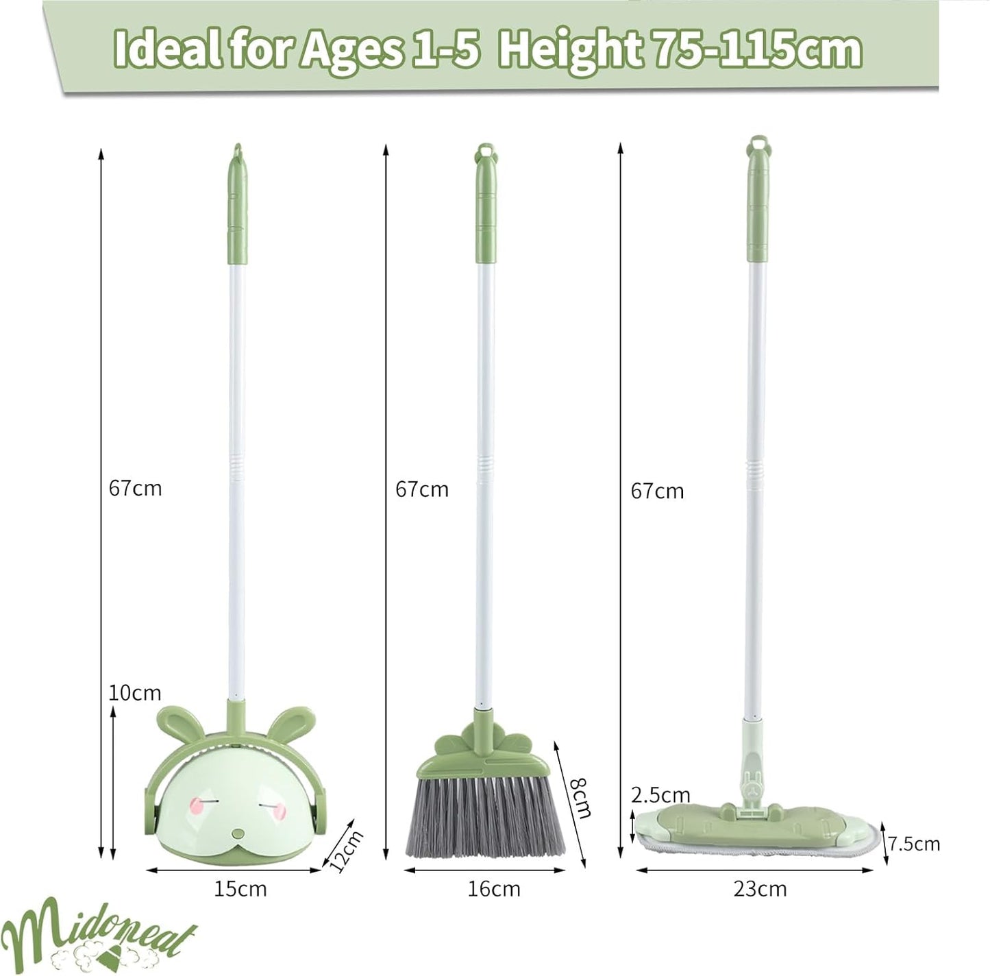 Midoneat Kids Cleaning Toy Set, Mini Child Broom, Mop and Dustpan, Little Housekeeping Helper Set ,Pretend Home Cleaning Play Set for Toddler Age 1-5,6pcs (Green)