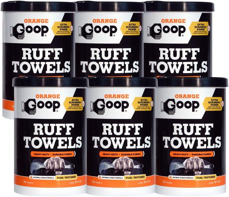 GOOP Orange Heavy Duty Ruff Towels with Scrubbing Power, 10” x 12” Dual Textured Multi-Purpose Cleaning Wipes, Removes Dirt, Grease, Oil, 72 Count