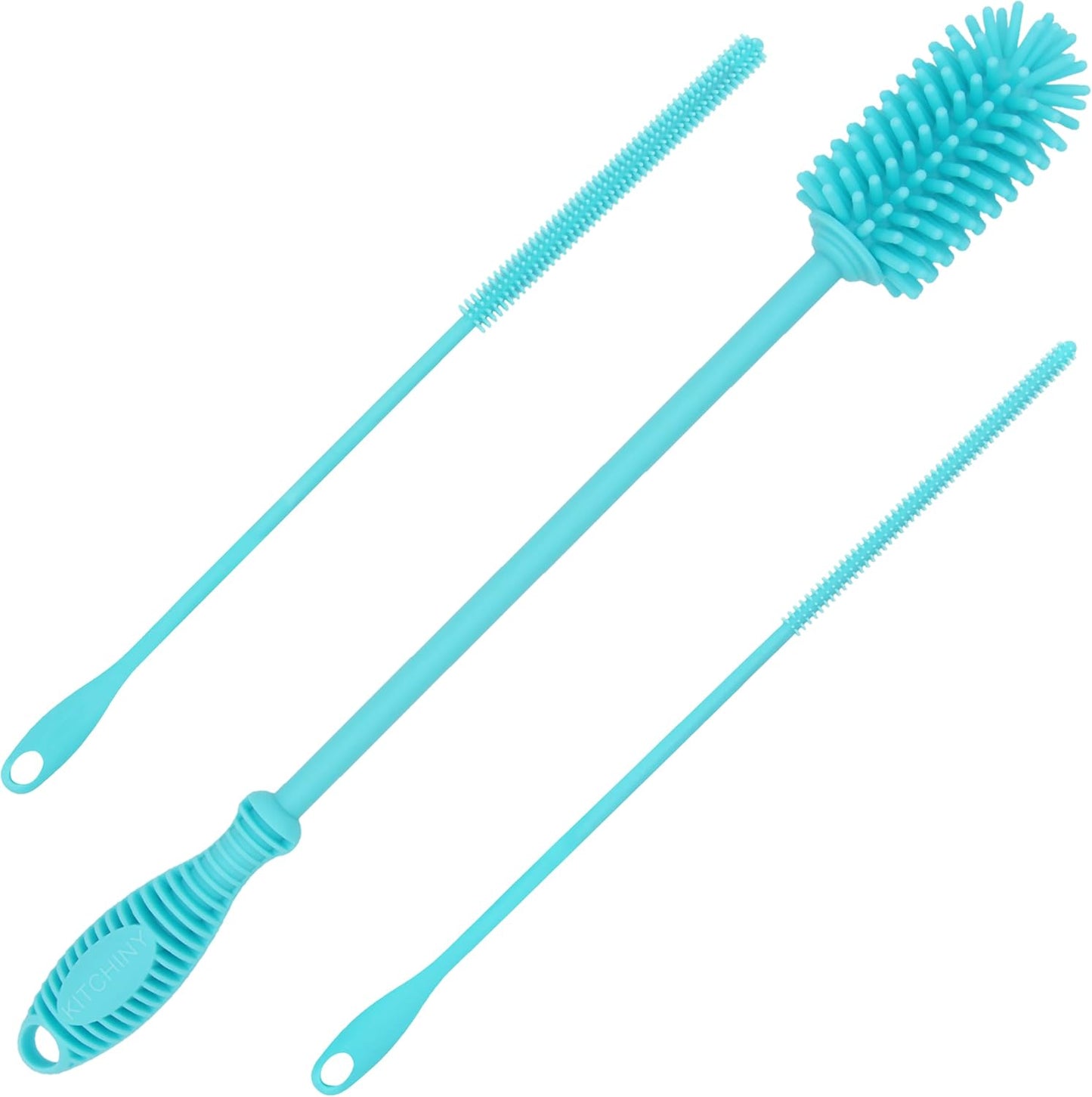 Kitchiny Silicone Bottle Brush with 2 Straw Cleaners - 12.5” Water Bottle Cleaner Brush for Yeti, Hydro Flask, Owala, Stanley, Baby Bottles, Glassware, Vases & Narrow Neck Containers - Grey